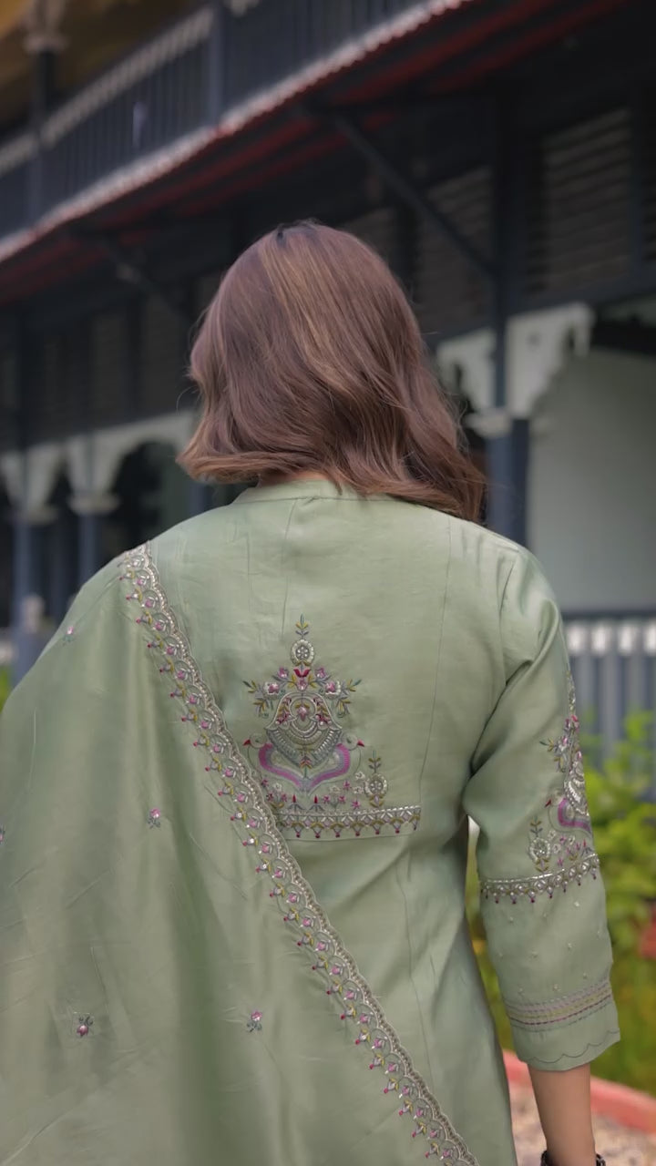 Elegant Pastel Green Embroidered Kurti Pant Set with Dupatta