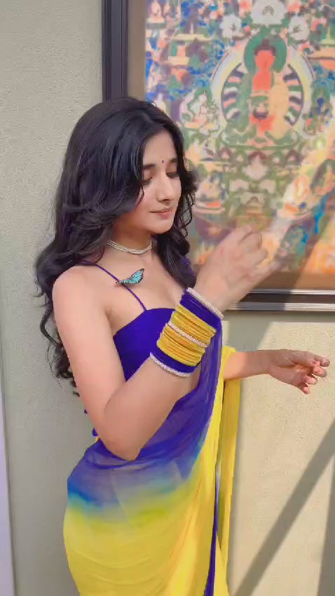 Yellow & Royal Blue Dual Tone Soft Organza Saree