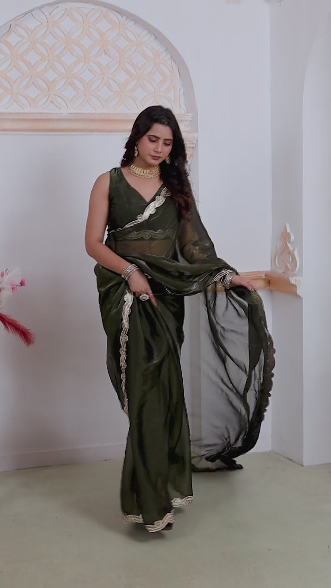 Royal Olive Green Designer Silk Saree with Elegant Golden Lace Border
