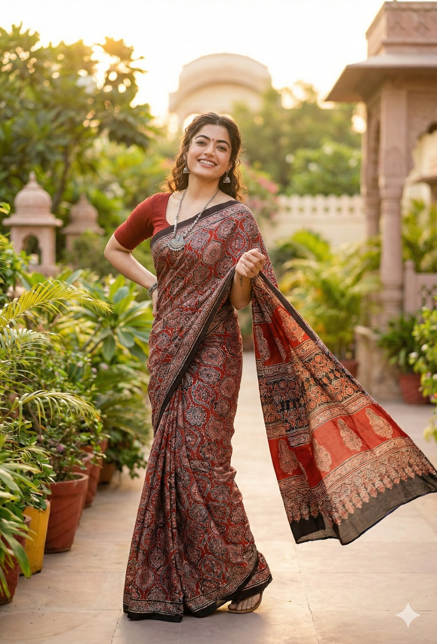 Rust Red Ajrakh Print Soft Silk Saree – Elegant Ethnic Wear for Festive & Daily Styling