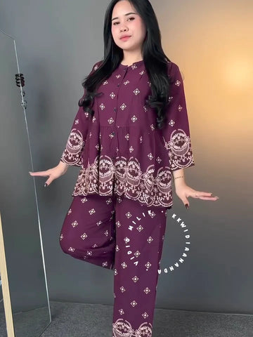 Women's Maroon Ethnic Printed Co-Ord Set | Peplum Tunic with Wide-Leg Pants