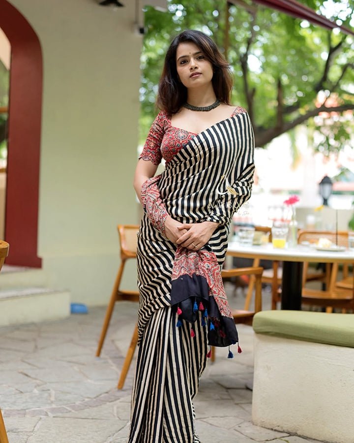 Black & White Striped Saree with Red Ajrakh Border – Elegant Ethnic Wear