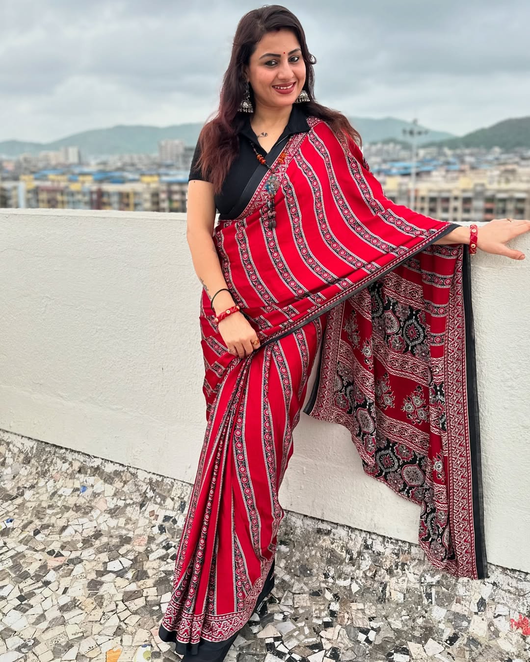 Red Ajrakh Digital Printed Saree – Traditional Ethnic Wear by Vastras