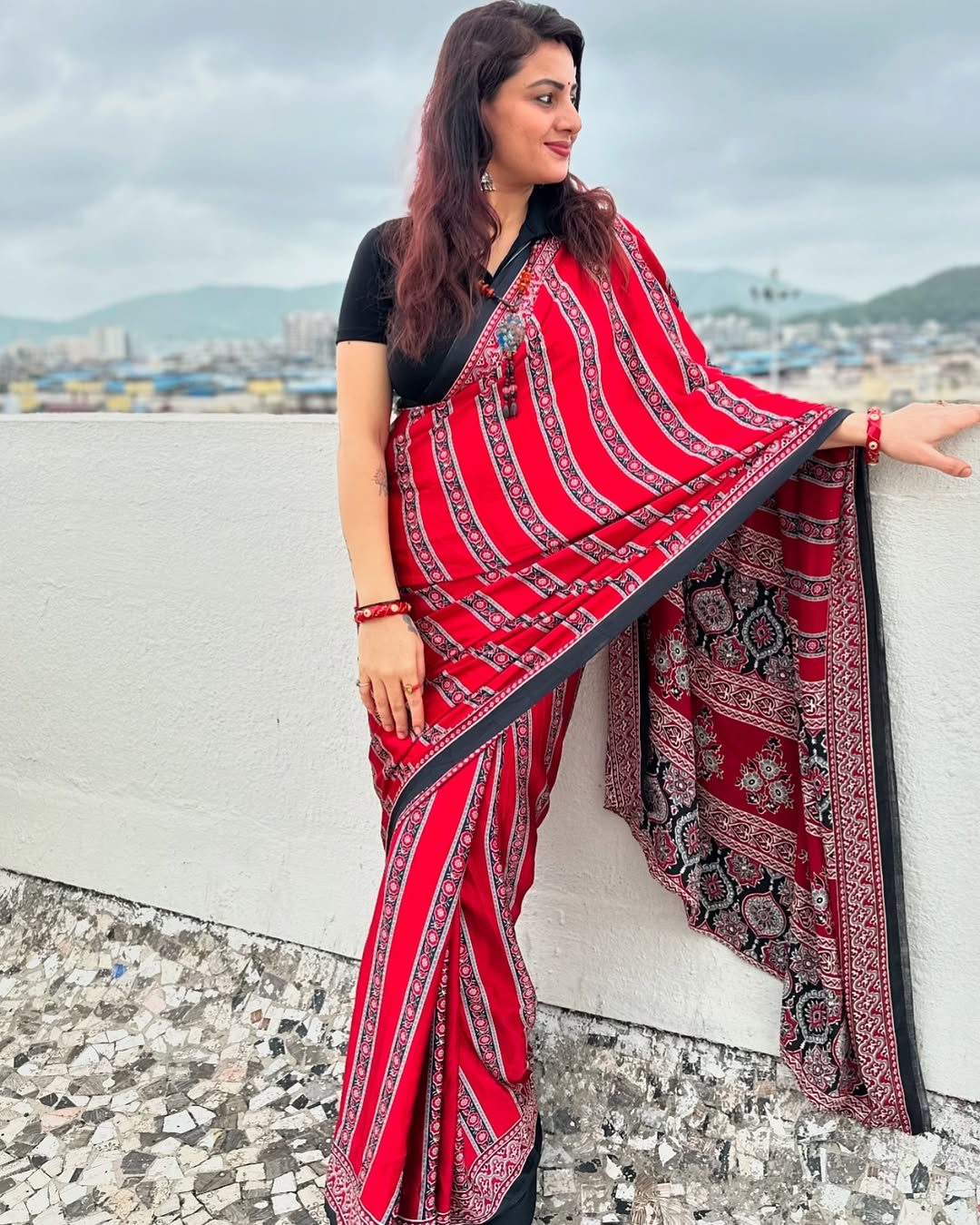 Red Ajrakh Digital Printed Saree – Traditional Ethnic Wear by Vastras