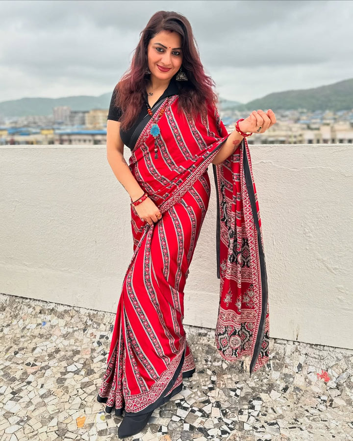 Red Ajrakh Digital Printed Saree – Traditional Ethnic Wear by Vastras